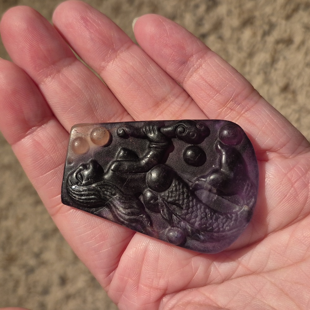 Carved Mermaid Pendant Rainbow Flourite Crystal